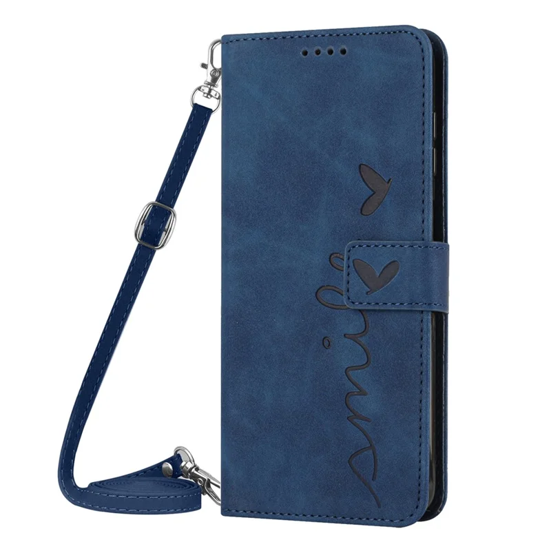 For TECNO Spark 10 4G Heart Imprint Flip Stand Leather Cover Anti-Drop Wallet Phone Case with Shoulder Strap - Sapphire