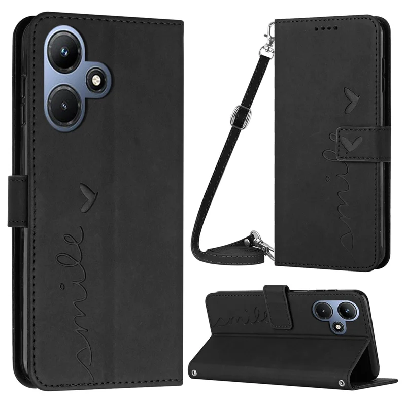 For Infinix Hot 30i Phone Cover Heart Imprint Leather Wallet Stand Phone Case with Shoulder Strap - Black