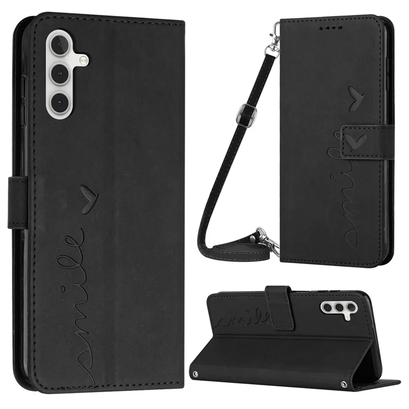 For Samsung Galaxy A24 4G (162.1 x 77.6 x 8.3mm) PU Leather Stand Case Heart Shape Wallet Phone Cover with Shoulder Strap - Black