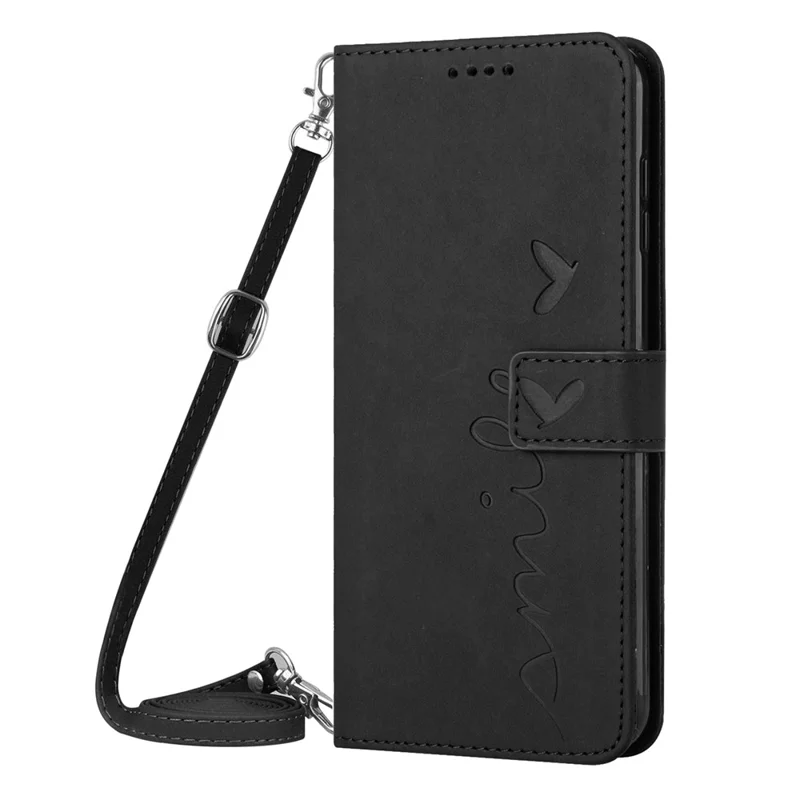 For Samsung Galaxy A24 4G (162.1 x 77.6 x 8.3mm) PU Leather Stand Case Heart Shape Wallet Phone Cover with Shoulder Strap - Black