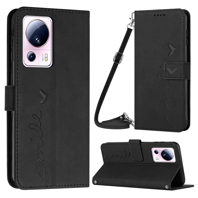 Для Xiaomi Civi 2 5G / 13 Lite Чехол-бумажник для телефона из искусственной кожи с подставкой в форме сердца с плечевым ремнем - черный