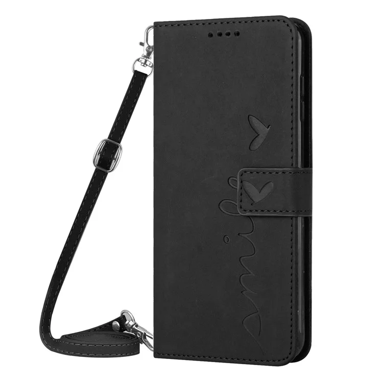 For Samsung Galaxy M14 5G / F14 5G Leather Case Heart Shape Stand Wallet Phone Cover with Shoulder Strap - Black