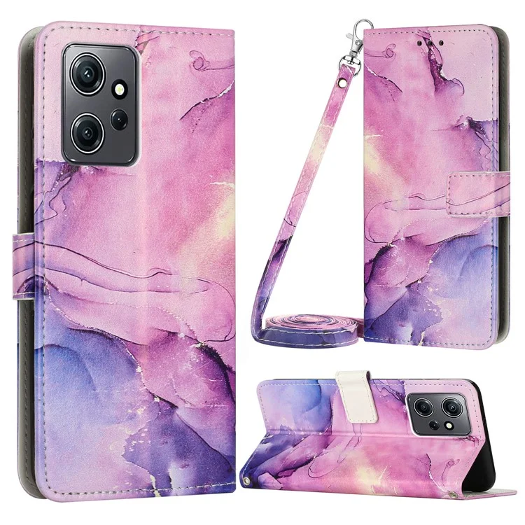 Para Xiaomi Redmi Note 12 4G Marble Pattern PU Leather Case Stand Wallet Flip Phone Cover with Shoulder Strap - Purple