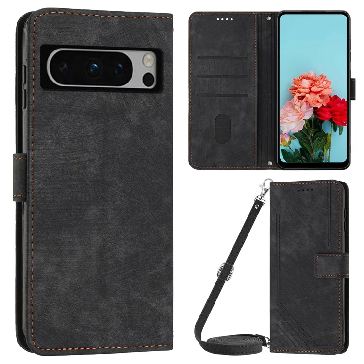 Pour Google Pixel 8 Pro Lines Imprinted Leather Case Stand Wallet Phone Cover with Shoulder Strap - Black