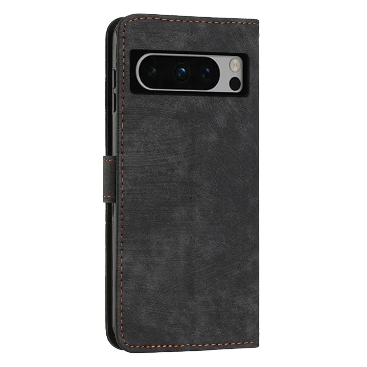 Pour Google Pixel 8 Pro Lines Imprinted Leather Case Stand Wallet Phone Cover with Shoulder Strap - Black