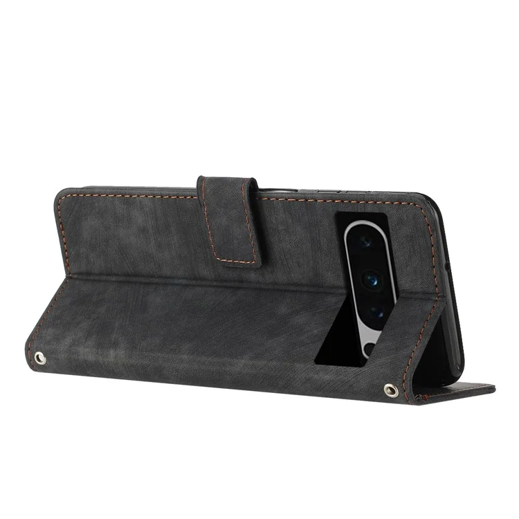 Pour Google Pixel 8 Pro Lines Imprinted Leather Case Stand Wallet Phone Cover with Shoulder Strap - Black