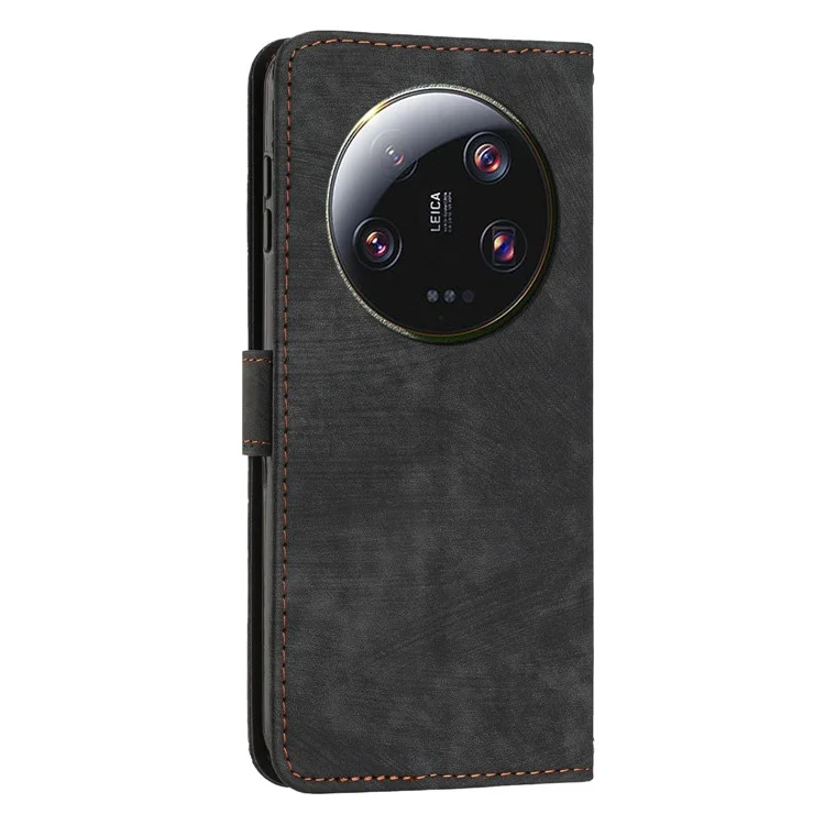 Для Xiaomi 13 Ultra PU Leather Phone Stand Case Wallet Lines Imprinted Cover with Shoulder Strap - Black