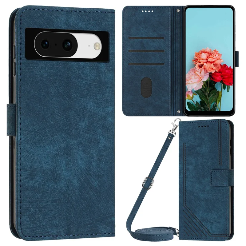 PU Leather Phone Cover for Google Pixel 8 , Wallet Stand Lines Imprinted Case with Shoulder Strap - Sapphire