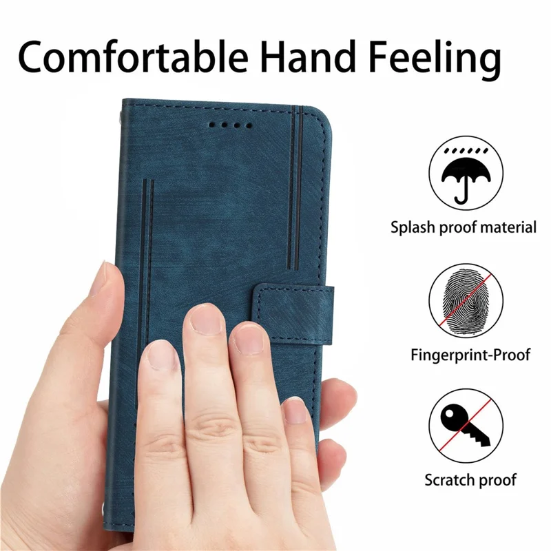 PU Leather Phone Cover for Google Pixel 8 , Wallet Stand Lines Imprinted Case with Shoulder Strap - Sapphire