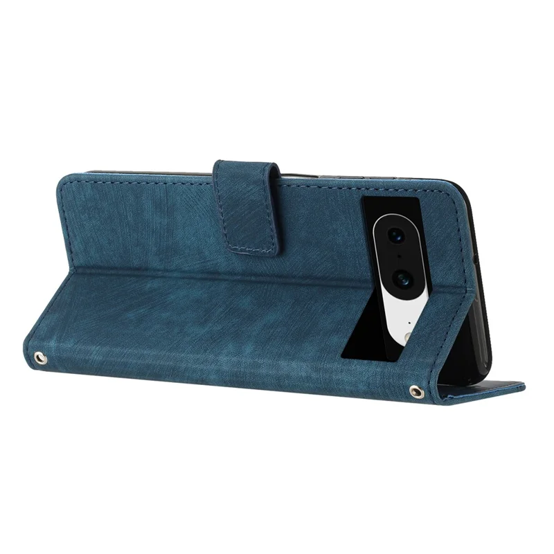 PU Leather Phone Cover for Google Pixel 8 , Wallet Stand Lines Imprinted Case with Shoulder Strap - Sapphire