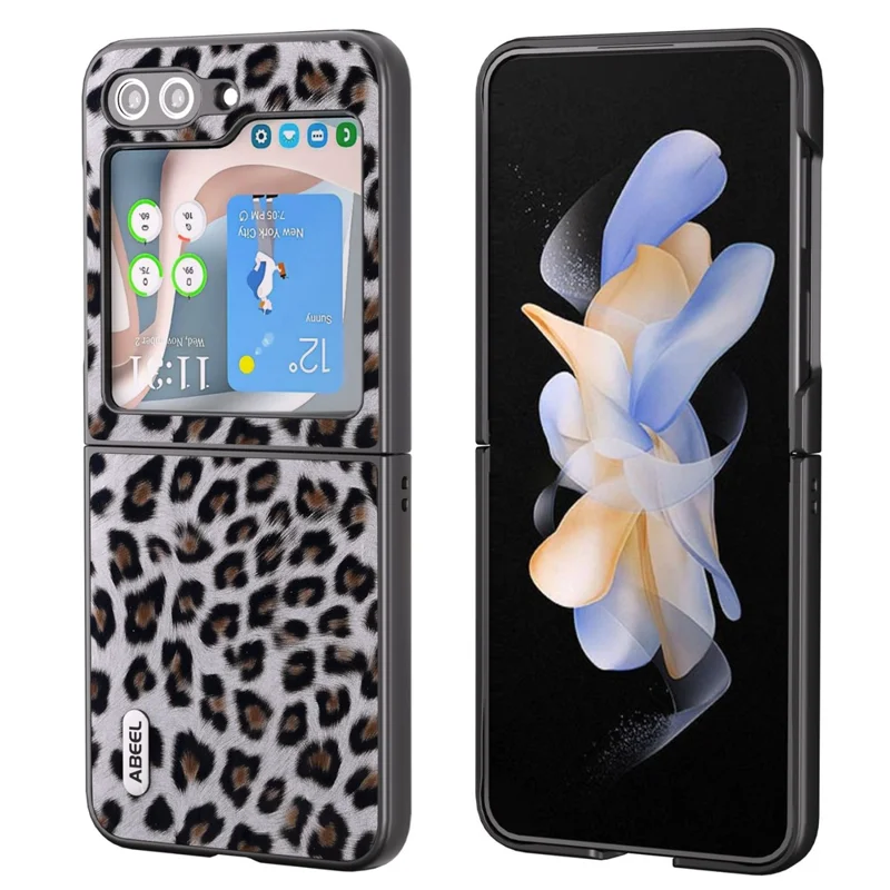 ABEEL til Samsung Galaxy Z Flip5 5G, telefoncase med leopardmønster, PU-læder + PC bagside - Sølv