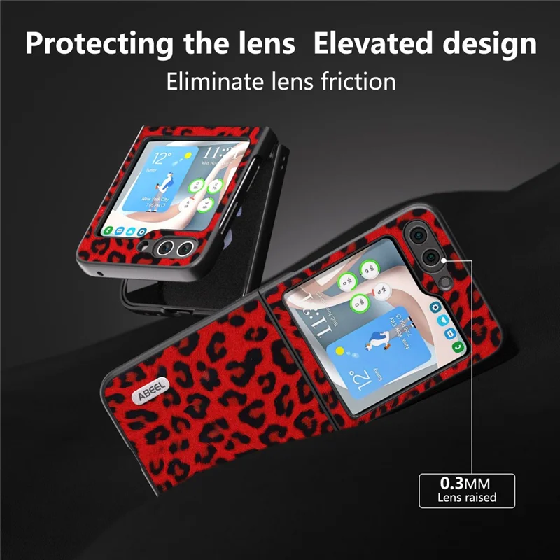 ABEEL لجهاز Samsung Galaxy Z Flip5 5G، غطاء هاتف بتصميم نمط نمر من جلد PU + هيكل خلفي من مادة البولي كربونات - أحمر