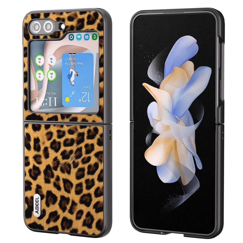 ABEEL Para Samsung Galaxy Z Flip5 5G Funda de teléfono con patrón de leopardo de cuero PU + carcasa trasera de PC - Oro
