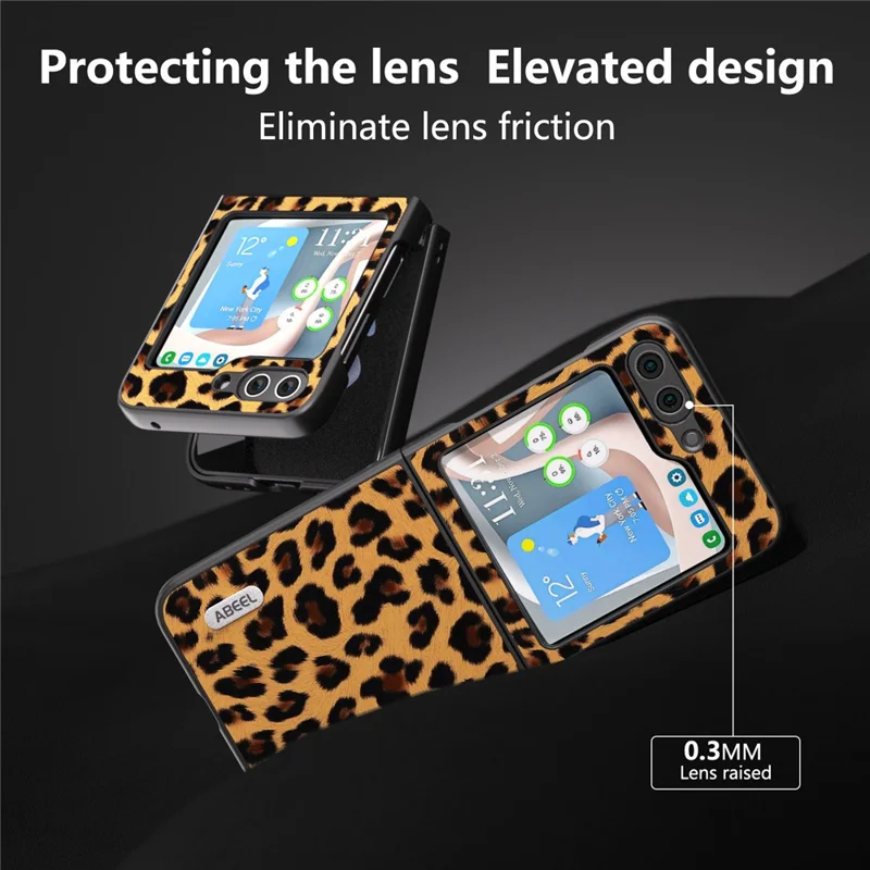 ABEEL Para Samsung Galaxy Z Flip5 5G Funda de teléfono con patrón de leopardo de cuero PU + carcasa trasera de PC - Oro