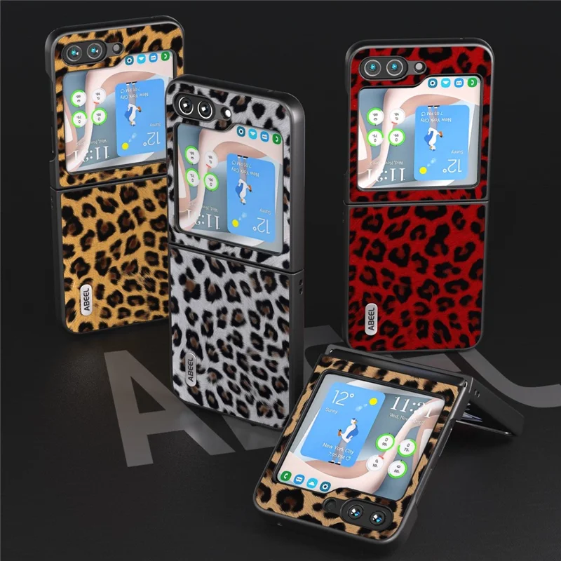 ABEEL Para Samsung Galaxy Z Flip5 5G Funda de teléfono con patrón de leopardo de cuero PU + carcasa trasera de PC - Oro