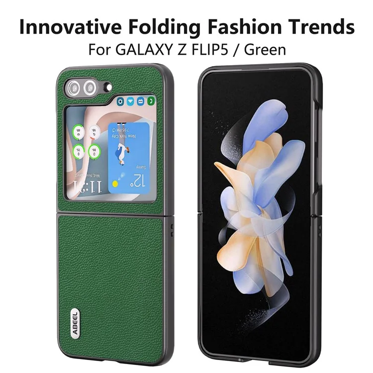 ABEEL For Samsung Galaxy Z Flip5 5G Matte Edges Phone Case Cowhide Leather + PC Back Cover - Green
