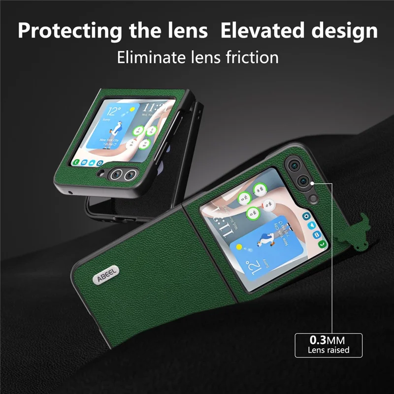 ABEEL For Samsung Galaxy Z Flip5 5G Matte Edges Phone Case Cowhide Leather + PC Back Cover - Green