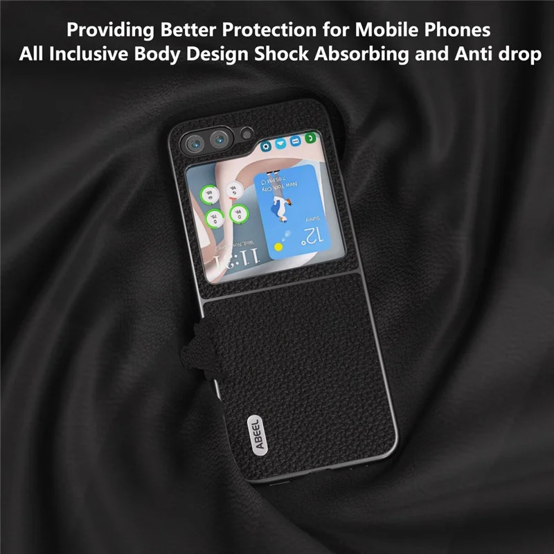 ABEEL For Samsung Galaxy Z Flip5 5G Back Phone Case Cowhide Leather Coated PC Litchi Texture Cover - Black