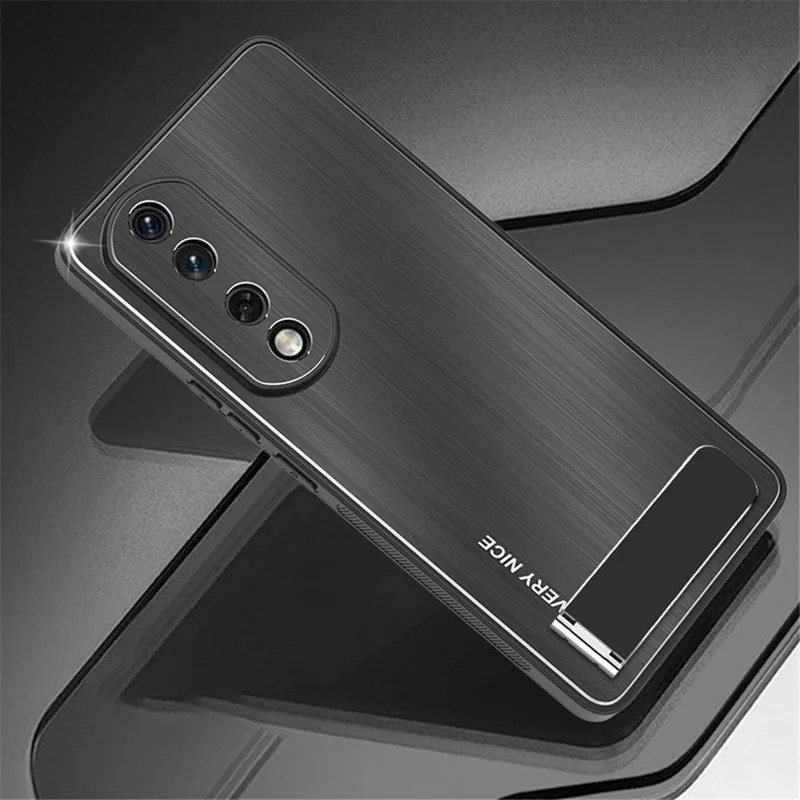 For Honor 90 Brushed Armor Case Aluminium Alloy Back TPU Frame Kickstand Phone Cover - Black