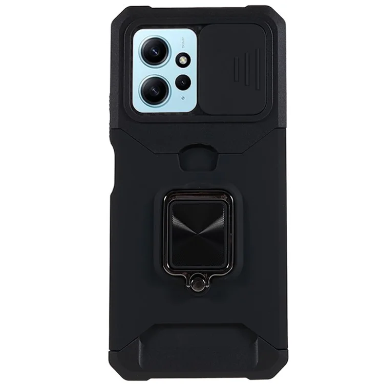 Pour Xiaomi Redmi Note 12 4G PC+TPU Kickstand Case Slide Lens Protection Phone Cover with Card Holder - Noir