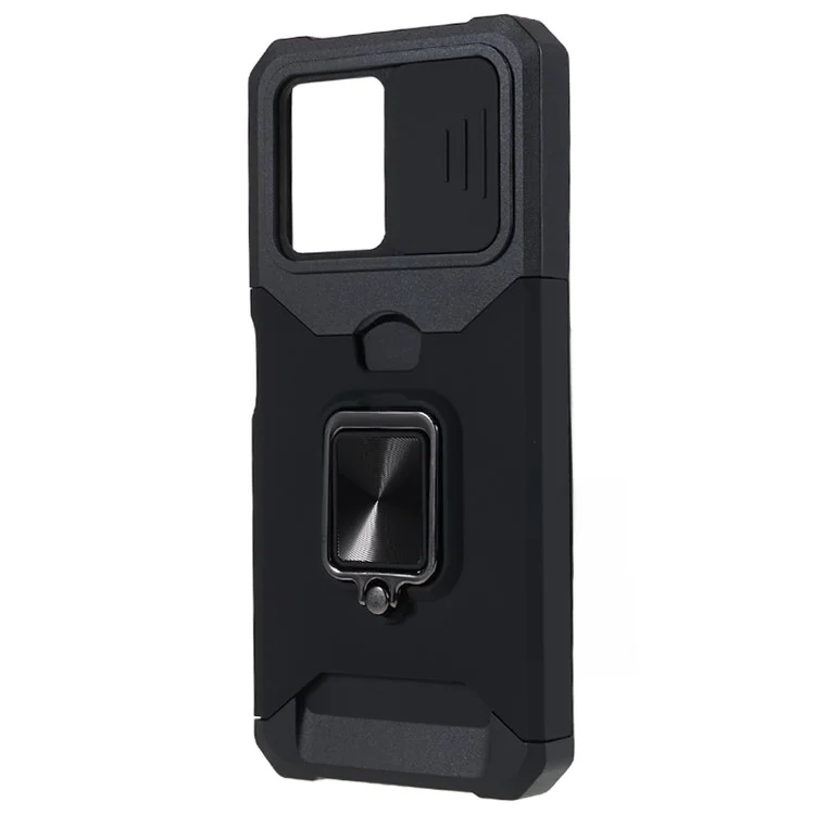 Pour Xiaomi Redmi Note 12 4G PC+TPU Kickstand Case Slide Lens Protection Phone Cover with Card Holder - Noir