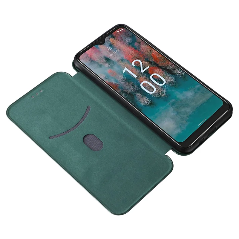 Carbon Fiber Texture Shell for Nokia C12 4G / C12 Pro / C12 Plus PU Leather Phone Case Stand Card Slot Cover - Green