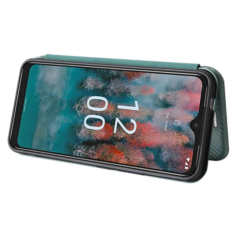 Carbon Fiber Texture Shell for Nokia C12 4G / C12 Pro / C12 Plus PU Leather Phone Case Stand Card Slot Cover - Green