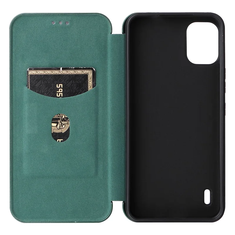 Carbon Fiber Texture Shell for Nokia C12 4G / C12 Pro / C12 Plus PU Leather Phone Case Stand Card Slot Cover - Green