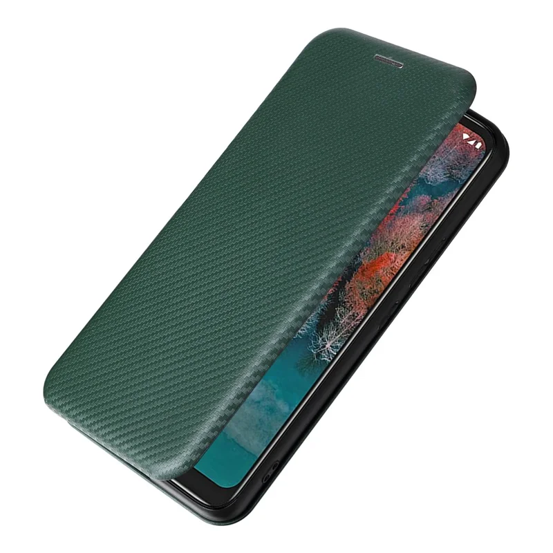 Carbon Fiber Texture Shell for Nokia C12 4G / C12 Pro / C12 Plus PU Leather Phone Case Stand Card Slot Cover - Green