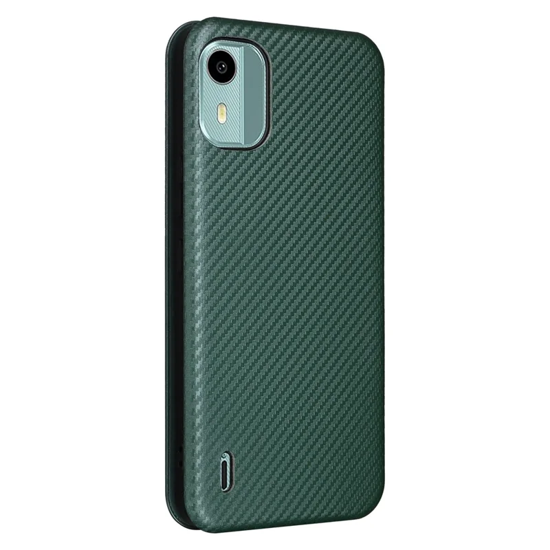Carbon Fiber Texture Shell for Nokia C12 4G / C12 Pro / C12 Plus PU Leather Phone Case Stand Card Slot Cover - Green