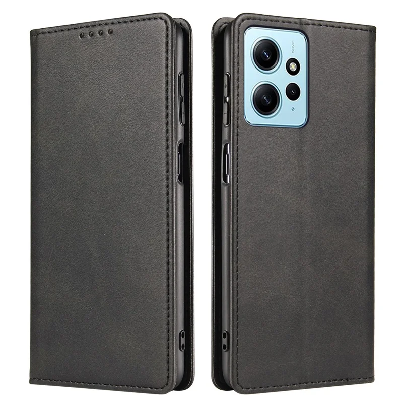 Para Xiaomi Redmi Note 12 4G Funda de cartera de piel de PU Textura de ternera Cubierta del teléfono inteligente - Negro