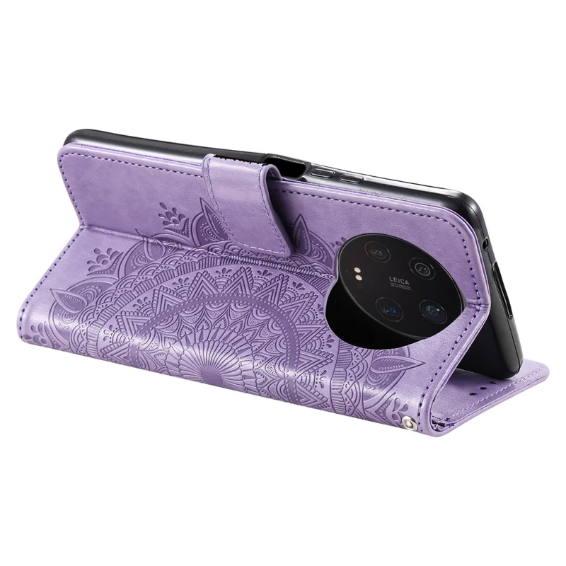 PU-læderet telefonbeskytning til Xiaomi 13 Ultra med præget mandala-blomstermønster, stander, wallet og støvbeskyttelse - Lilla
