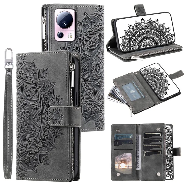 Pour Xiaomi 13 Lite / Civi 2 5G Zipper Pocket Wallet Leather Stand Cover Mandala Flower Imprint Phone Case - Gris