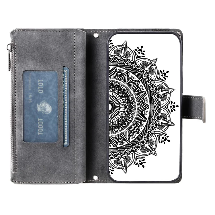 Pour Xiaomi 13 Lite / Civi 2 5G Zipper Pocket Wallet Leather Stand Cover Mandala Flower Imprint Phone Case - Gris