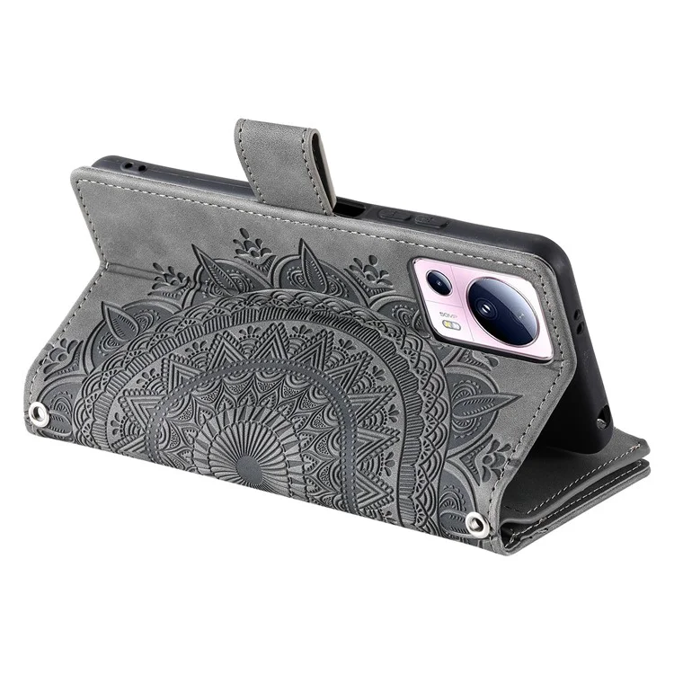 Pour Xiaomi 13 Lite / Civi 2 5G Zipper Pocket Wallet Leather Stand Cover Mandala Flower Imprint Phone Case - Gris