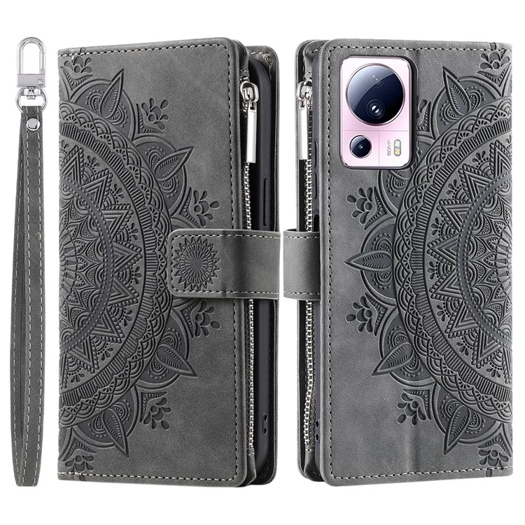 Pour Xiaomi 13 Lite / Civi 2 5G Zipper Pocket Wallet Leather Stand Cover Mandala Flower Imprint Phone Case - Gris
