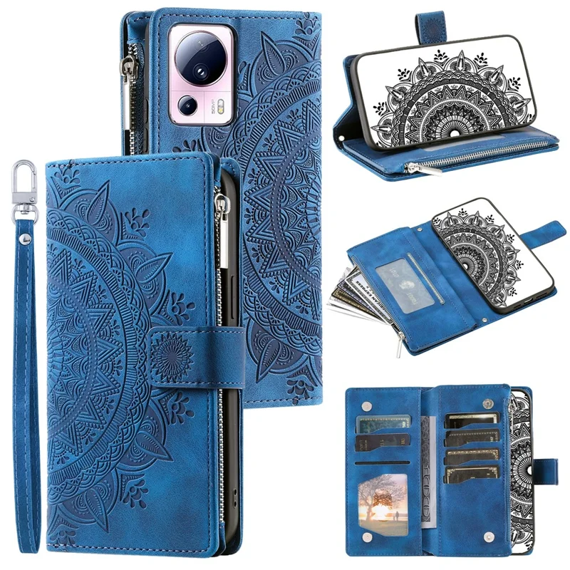 Для Xiaomi 13 Lite / Civi 2 5G Zipper Pocket Wallet Leather Stand Cover Mandala Flower Imprint Phone Case - Blue