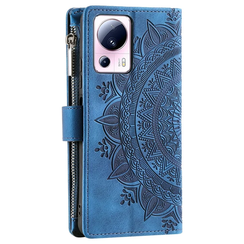Для Xiaomi 13 Lite / Civi 2 5G Zipper Pocket Wallet Leather Stand Cover Mandala Flower Imprint Phone Case - Blue