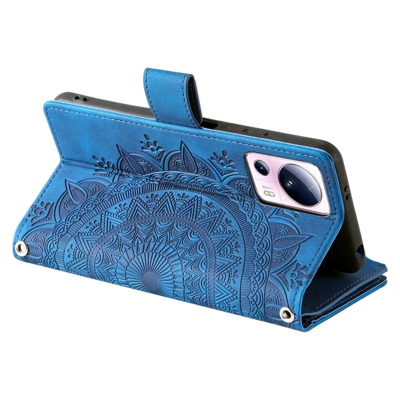 Для Xiaomi 13 Lite / Civi 2 5G Zipper Pocket Wallet Leather Stand Cover Mandala Flower Imprint Phone Case - Blue