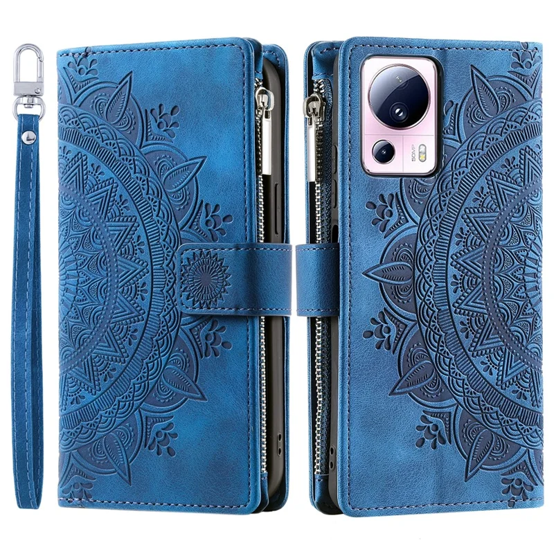 Для Xiaomi 13 Lite / Civi 2 5G Zipper Pocket Wallet Leather Stand Cover Mandala Flower Imprint Phone Case - Blue