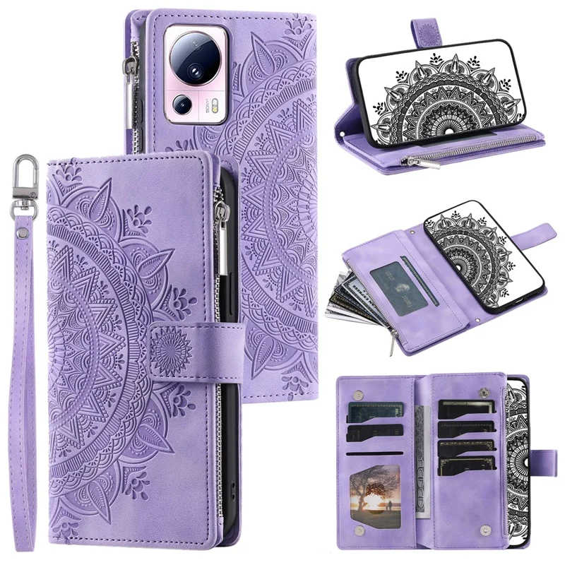 Pour Xiaomi 13 Lite / Civi 2 5G Pochette Zippée Portefeuille Étui de Protection en Cuir avec Support - Fleur Mandala Imprimée - Violet