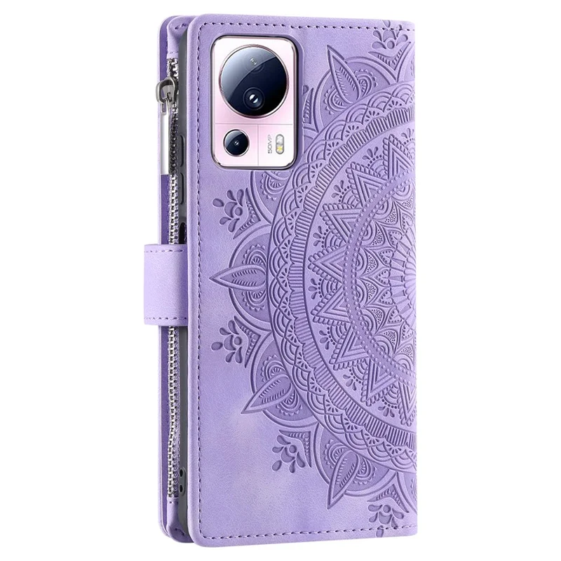 Pour Xiaomi 13 Lite / Civi 2 5G Pochette Zippée Portefeuille Étui de Protection en Cuir avec Support - Fleur Mandala Imprimée - Violet