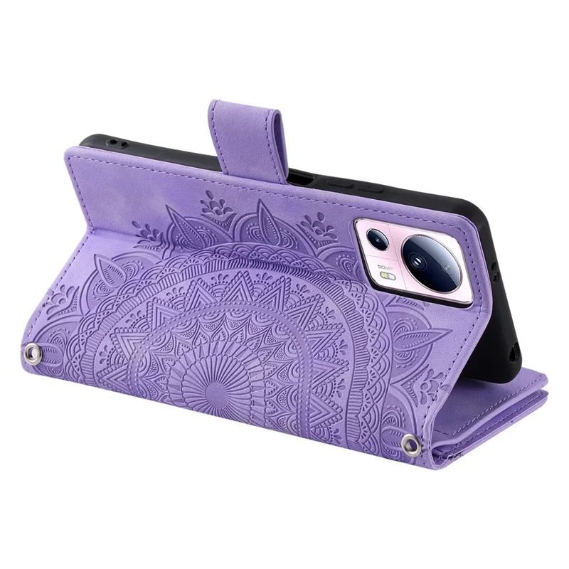 Pour Xiaomi 13 Lite / Civi 2 5G Pochette Zippée Portefeuille Étui de Protection en Cuir avec Support - Fleur Mandala Imprimée - Violet