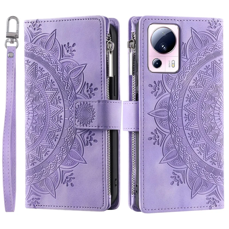 Pour Xiaomi 13 Lite / Civi 2 5G Pochette Zippée Portefeuille Étui de Protection en Cuir avec Support - Fleur Mandala Imprimée - Violet