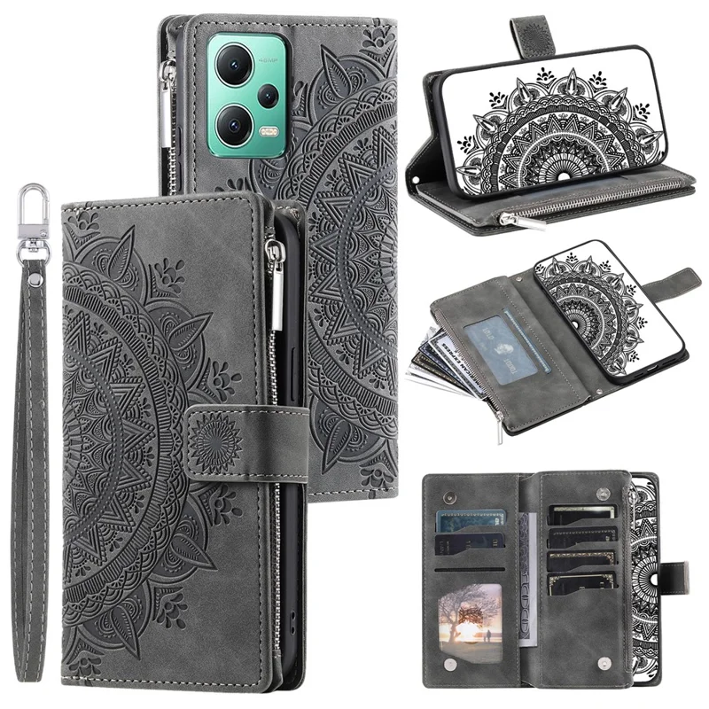 For Xiaomi Redmi Note 12 5G (China) / (Global) / (India) / Poco X5 5G Mandala Flower Imprint Phone Wallet Case PU Leather Stand Cover - Grey