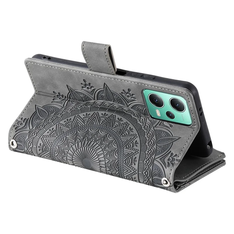 For Xiaomi Redmi Note 12 5G (China) / (Global) / (India) / Poco X5 5G Mandala Flower Imprint Phone Wallet Case PU Leather Stand Cover - Grey