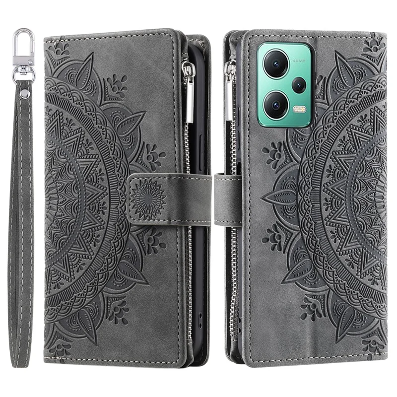 For Xiaomi Redmi Note 12 5G (China) / (Global) / (India) / Poco X5 5G Mandala Flower Imprint Phone Wallet Case PU Leather Stand Cover - Grey