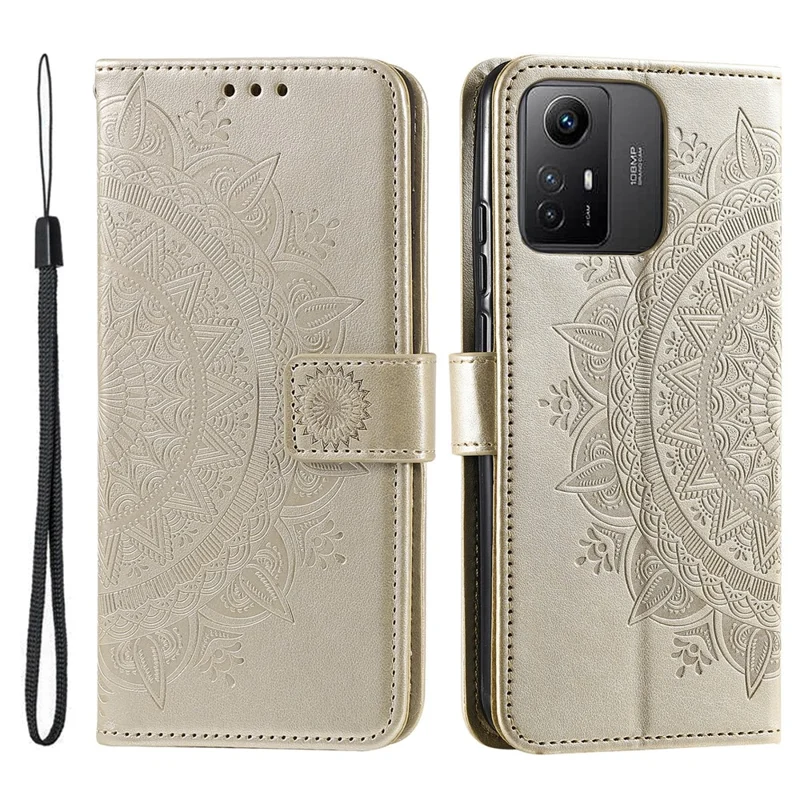 For Xiaomi Redmi Note 12S 4G PU Leather Wallet Phone Case Mandala Flower Imprint Anti-drop Stand Cover - Gold