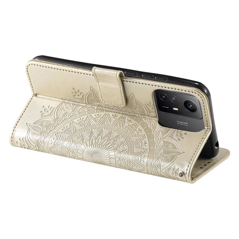 For Xiaomi Redmi Note 12S 4G PU Leather Wallet Phone Case Mandala Flower Imprint Anti-drop Stand Cover - Gold