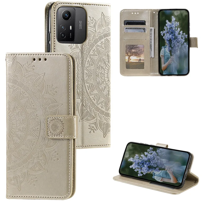 For Xiaomi Redmi Note 12S 4G PU Leather Wallet Phone Case Mandala Flower Imprint Anti-drop Stand Cover - Gold
